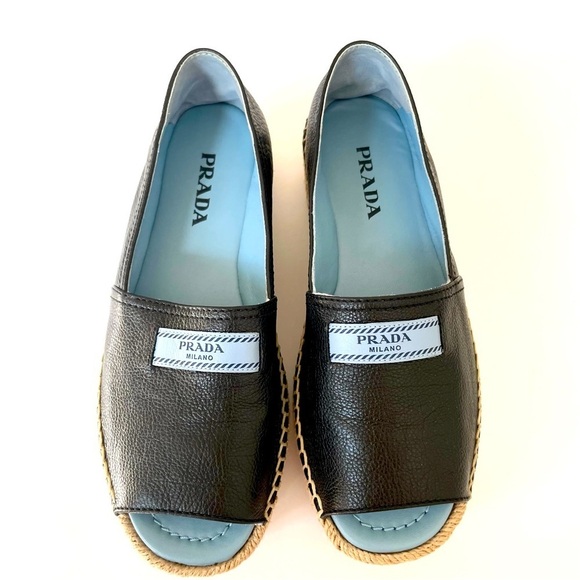 Prada Black Blue plaque logo open toe platform espadrilles EU 37 - Picture 1 of 8